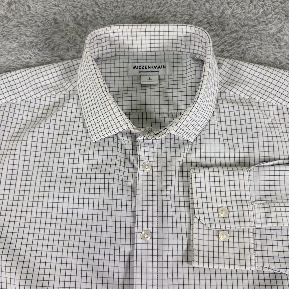 Mizzen+Main Mens Trim Fit Performance Dress Shirt White Navy Windowpane Large